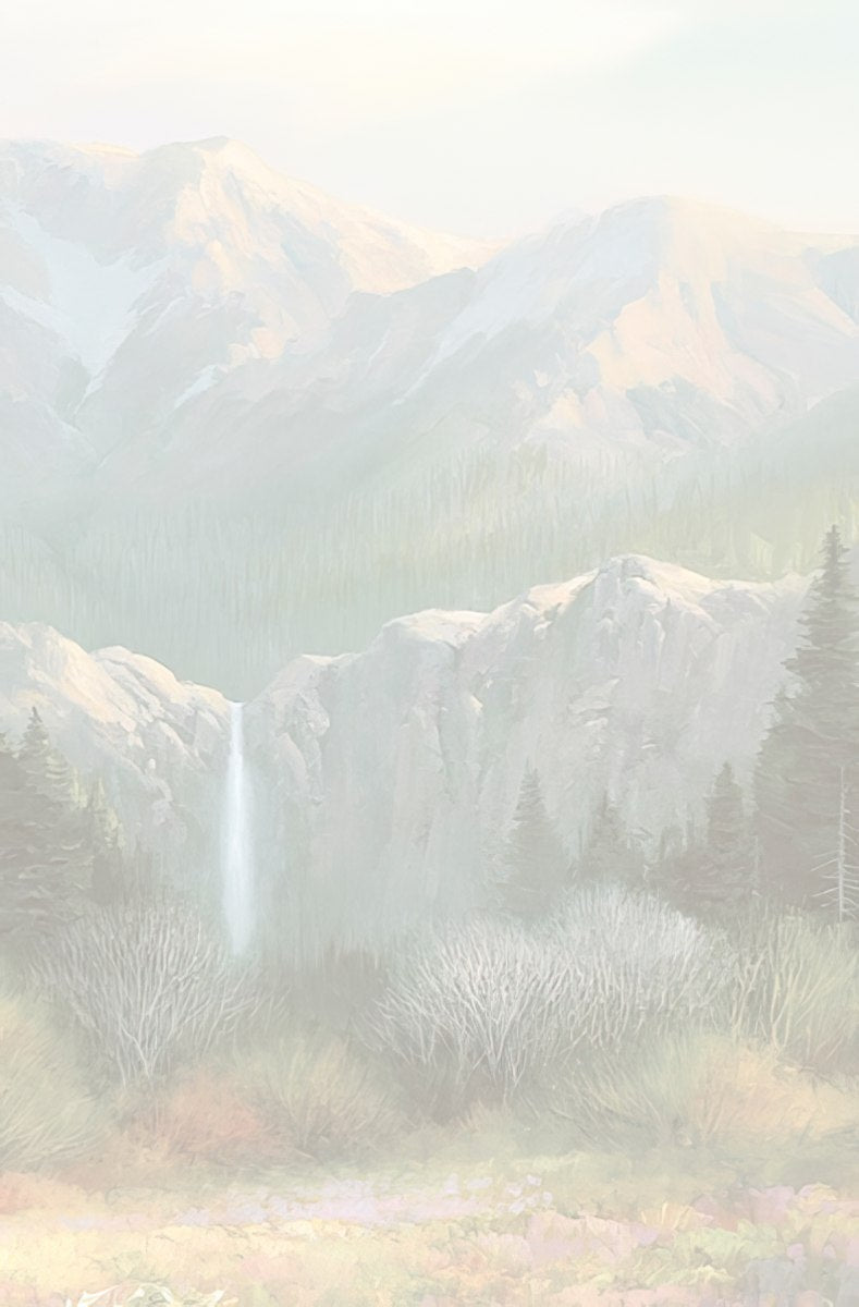 Faded inside view of Charles Pabst mountain waterfall artwork, ideal for personalizing with heartfelt messages.