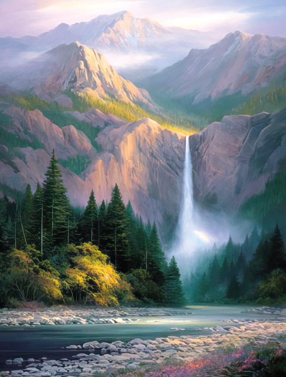 Stunning Charles Pabst painting of a grand mountain waterfall flowing into a river, surrounded by pine trees and mist.