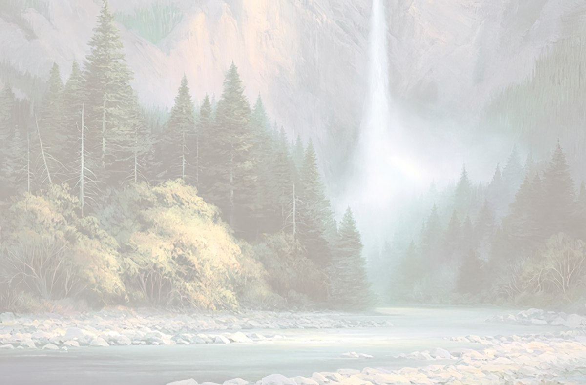 Faded inside view of Charles Pabst majestic mountain waterfall artwork, perfect for custom notes and greetings.