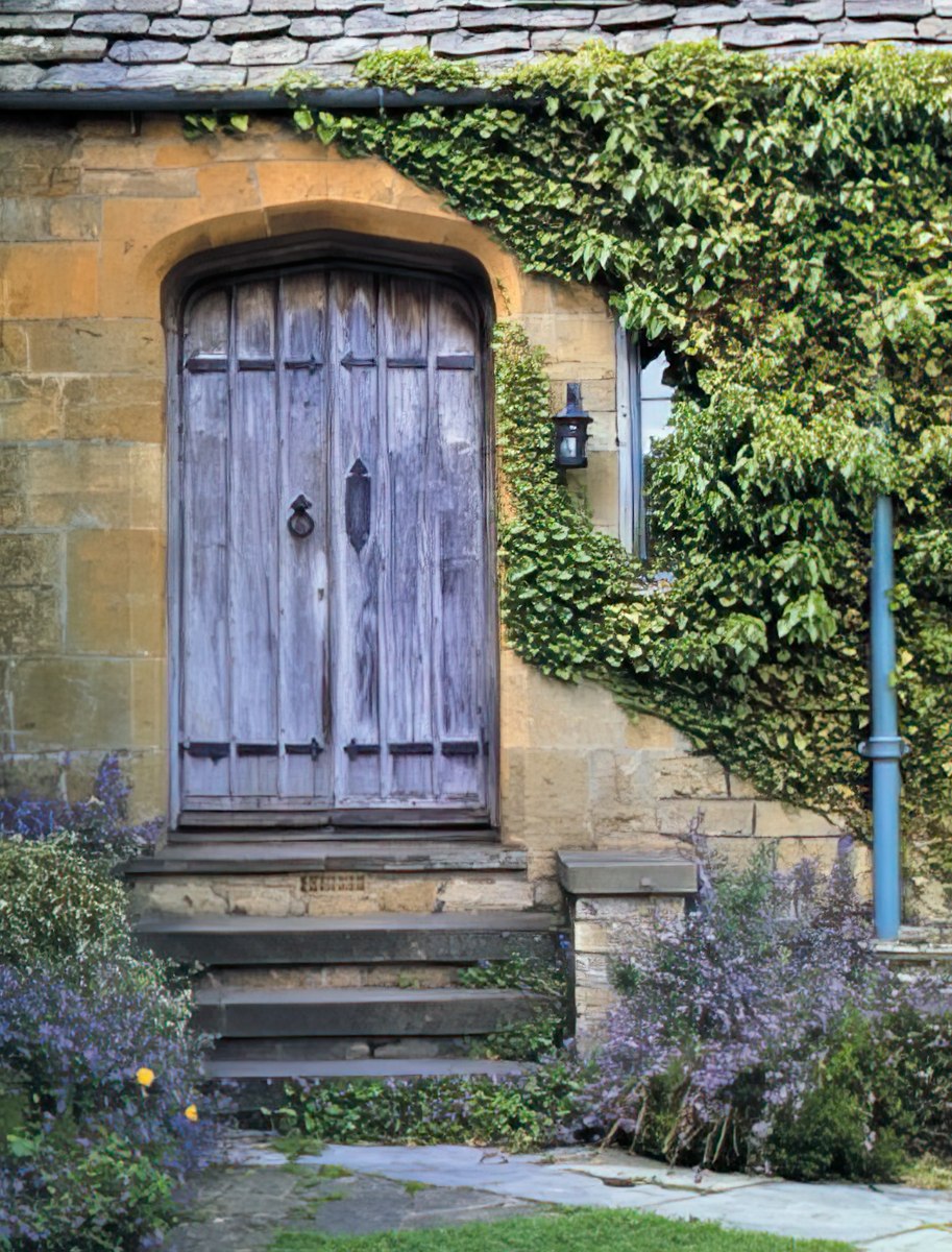 Detailed close-up of a weathered wooden double door on a textured stone building, framed by lush green ivy and flowers.