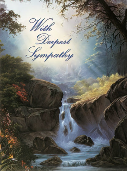 The front of a sympathy card featuring a majestic waterfall cascading through rocks and lush foliage, with 'With Deepest Sympathy' overlay.