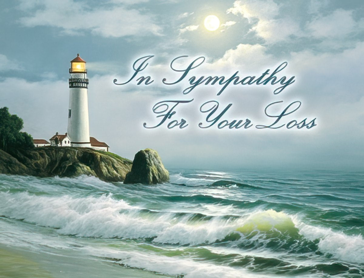 The front of a sympathy card depicting a lighthouse on a rugged cliff overlooking a vast, wavy ocean under a moonlit sky, with 'In Sympathy For Your Loss'.
