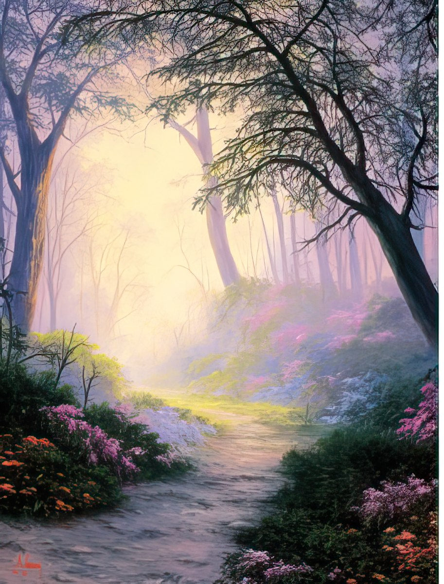 The front of a sympathy card with 'With Sincere Sympathy' over an enchanting forest path bathed in soft, ethereal light and surrounded by colorful flowers.