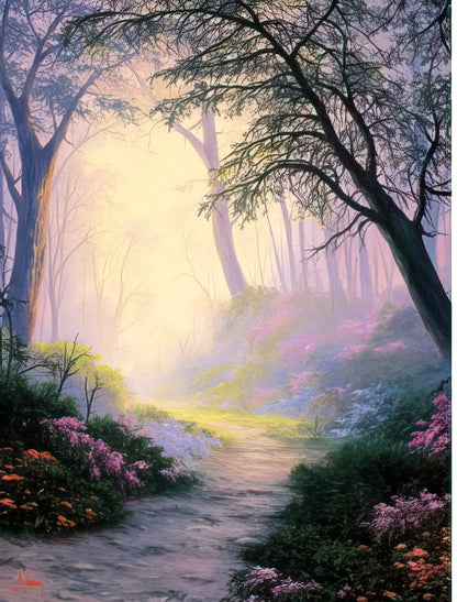 The front of a sympathy card with 'With Sincere Sympathy' over an enchanting forest path bathed in soft, ethereal light and surrounded by colorful flowers.