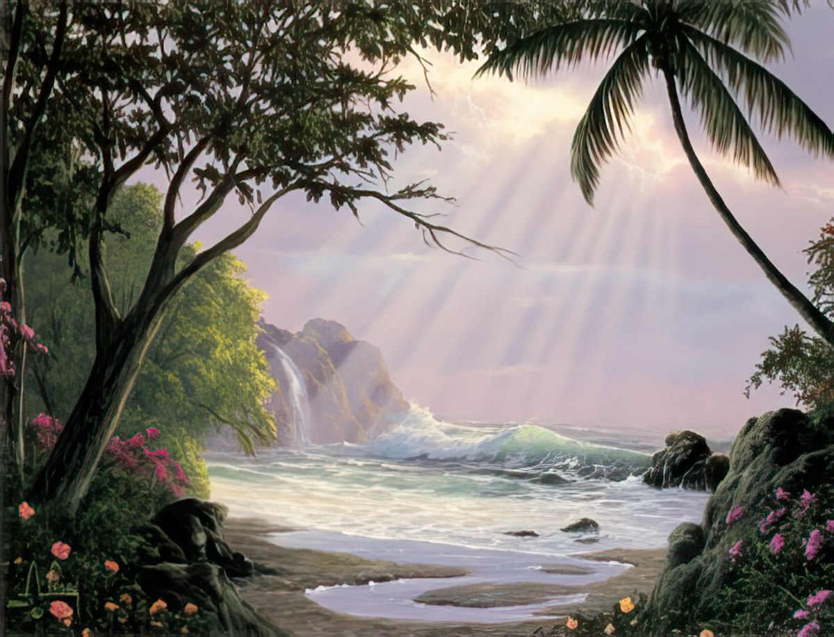 The front of a sympathy card featuring a picturesque tropical beach scene with a waterfall, palm trees, and sun rays piercing through the clouds.