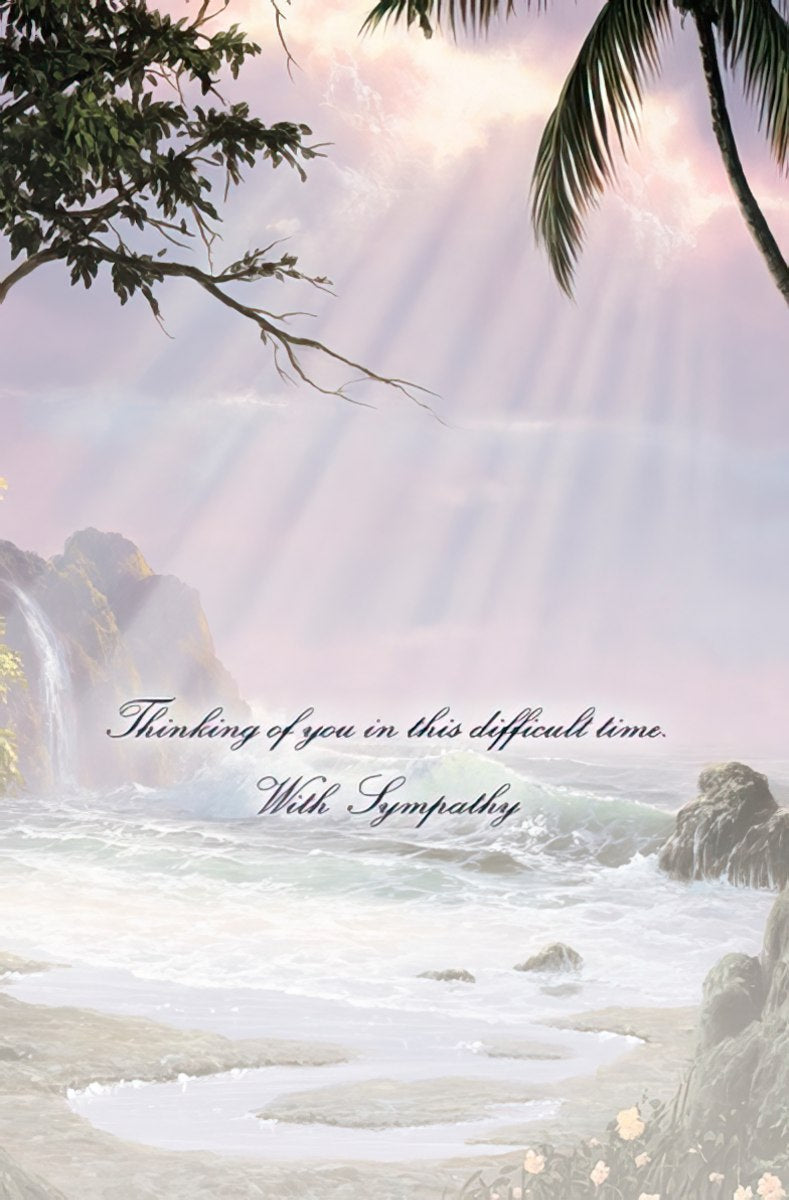 The inside of a sympathy card with a serene tropical ocean view and the message: 'Thinking of you in this difficult time. With Sympathy.'