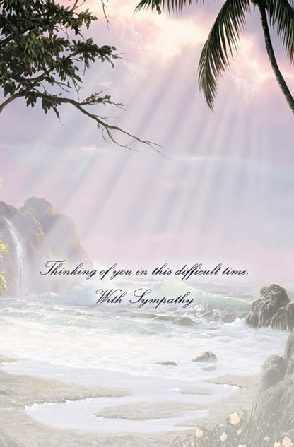 The inside of a sympathy card with a serene tropical ocean view and the message: 'Thinking of you in this difficult time. With Sympathy.'