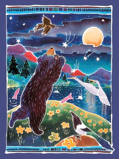 Detailed illustration of a bear reaching for shooting stars over a lake with birds, under a full moon at night.