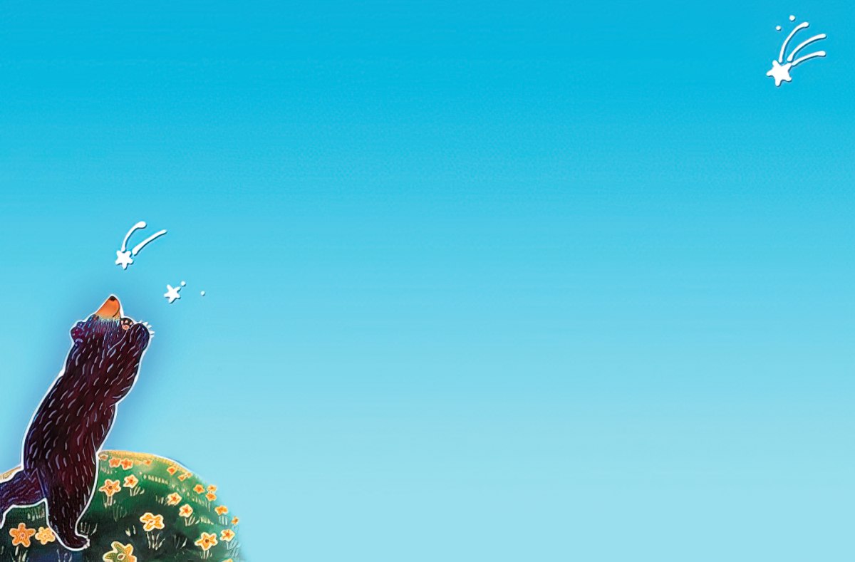 Inside of a note card with a bear's head looking up at a shooting star against a plain light blue background.