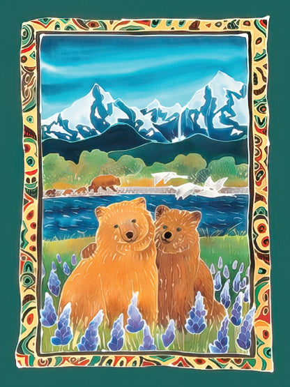 Illustration of two brown bears hugging in a field of purple flowers, with mountains and a lake in the background.