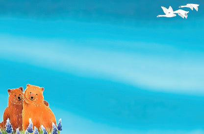 Inside of a note card featuring two bears in a field and distant flying birds against a plain light blue background.