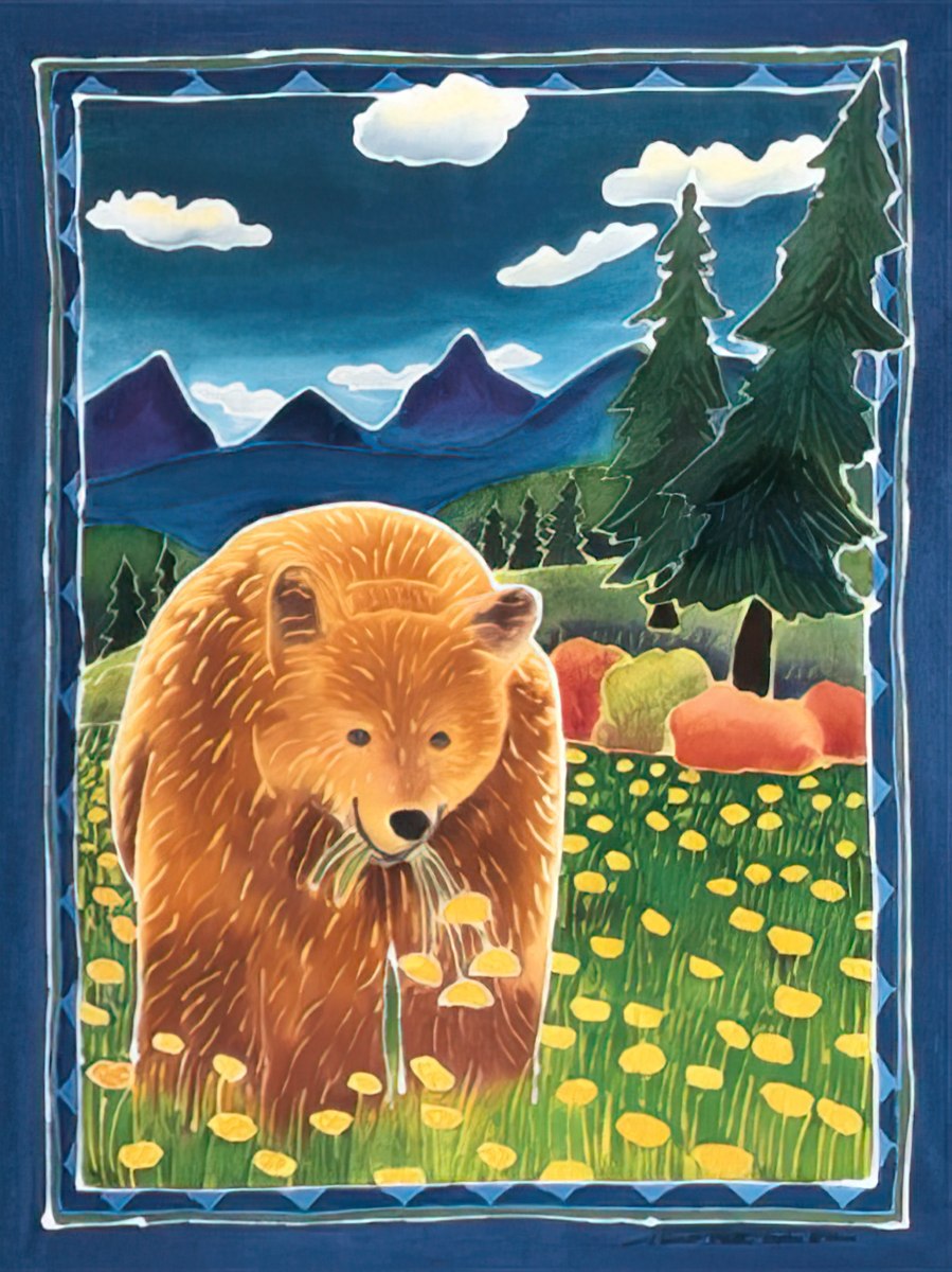 Illustration of a brown bear eating dandelions in a vibrant green and yellow meadow with mountains and trees.