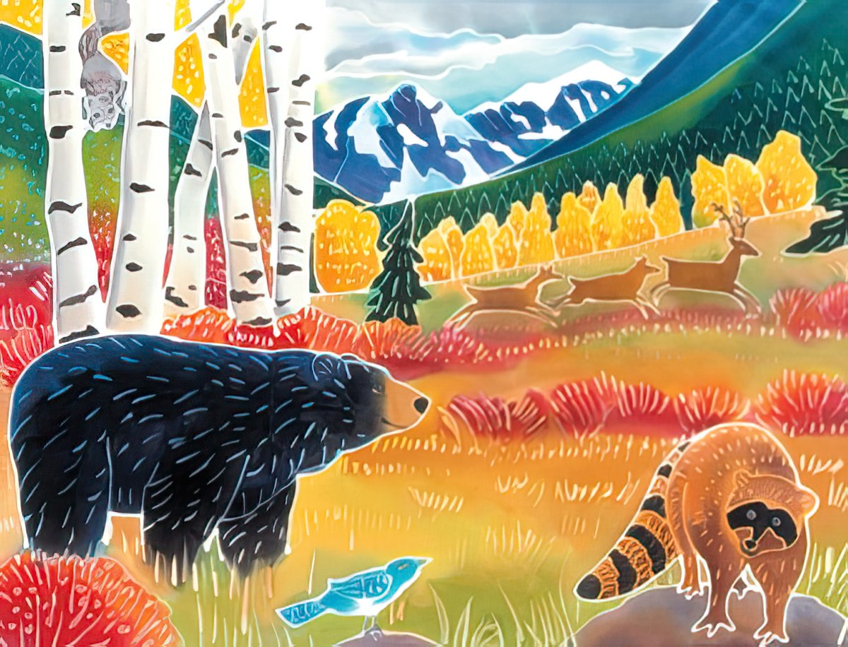 Illustration of a black bear and raccoon in an autumn forest with deer, birch trees, and mountains.