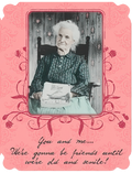 Humorous greeting card for her, featuring an elderly woman in a rocking chair and a witty 'old and senile' friendship quote on a pink ornate background.