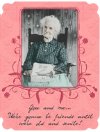 Humorous greeting card for her, featuring an elderly woman in a rocking chair and a witty 'old and senile' friendship quote on a pink ornate background.