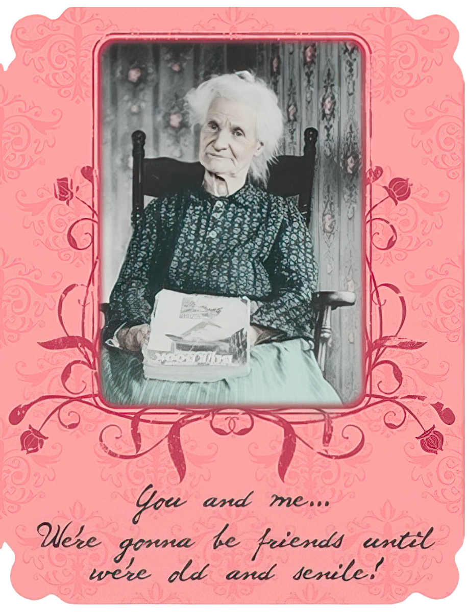 Humorous greeting card for her, featuring an elderly woman in a rocking chair and a witty 'old and senile' friendship quote on a pink ornate background.