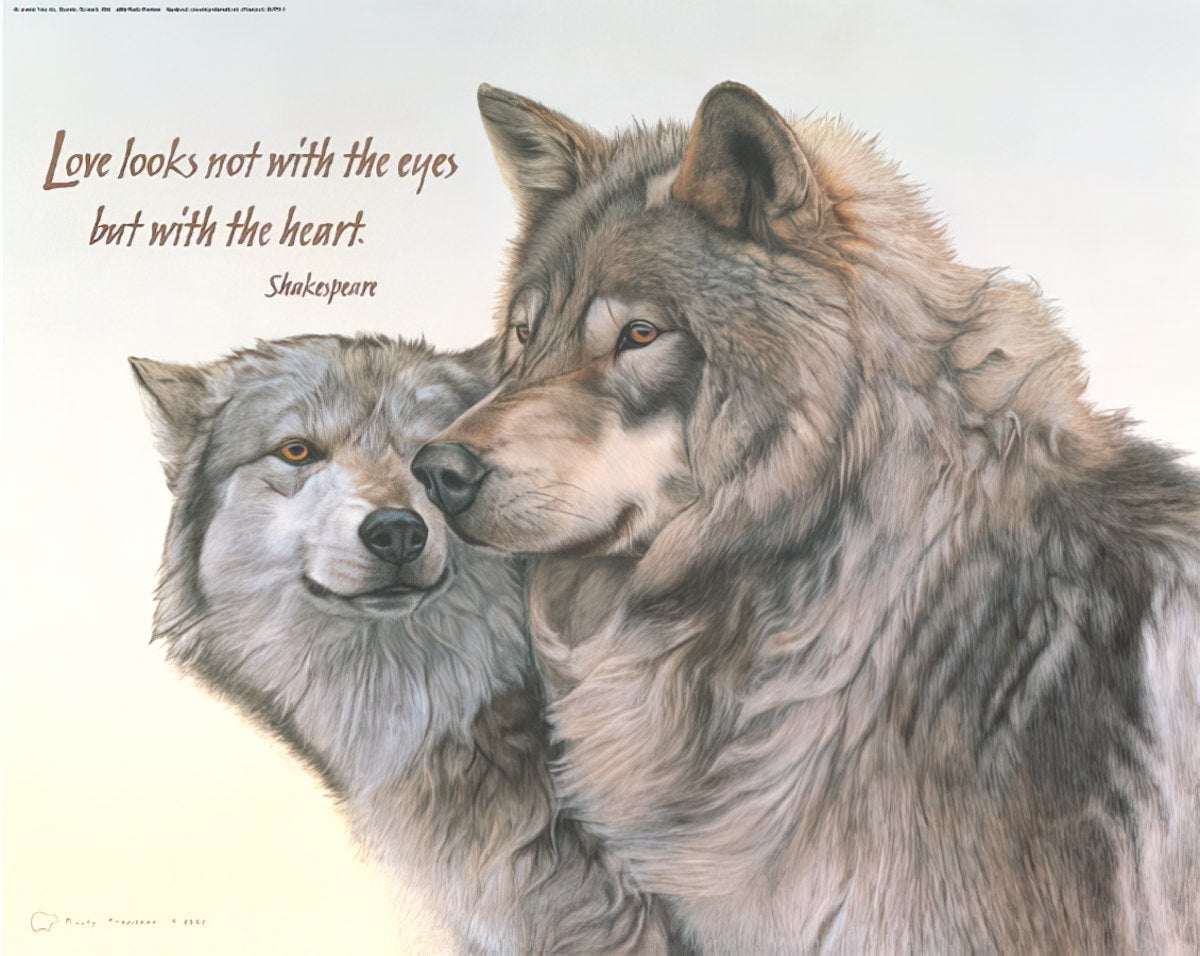 Emotional wolf art poster with a pair of grey wolves embracing, featuring the Shakespeare quote: 'Love looks not with the eyes but with the heart.' Perfect for romantic gifts or nature-inspired decor.
