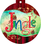 Festive round greeting card featuring 'Jingle' in colorful, decorative letters with bells, snowflakes, and elegant red and green holiday swirl patterns.