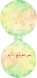 Inside or back of a light green and yellow watercolor round greeting card featuring 'Happy jingle bell time!' in elegant red script.