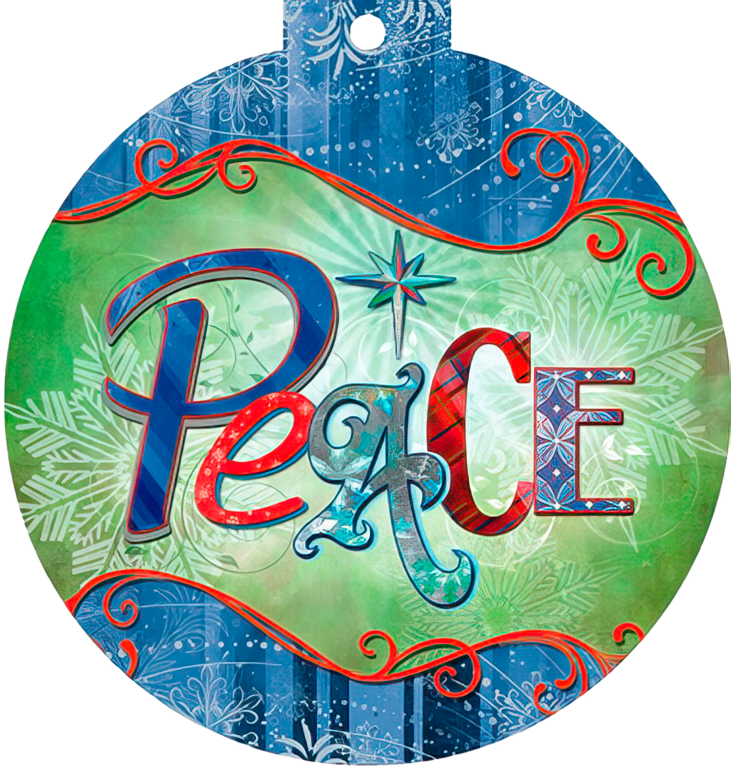 Front of a round holiday greeting card featuring the word "Peace" in ornate, multi-colored (blue, red, teal) typography. The background is a vibrant mix of green and blue with white snowflake patterns and red decorative scrollwork. A sparkling star design is visible above the 'a' in 'Peace'.