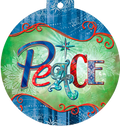 Front of a round holiday greeting card featuring the word "Peace" in ornate, multi-colored (blue, red, teal) typography. The background is a vibrant mix of green and blue with white snowflake patterns and red decorative scrollwork. A sparkling star design is visible above the 'a' in 'Peace'.