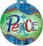Front of a round holiday greeting card featuring the word "Peace" in ornate, multi-colored (blue, red, teal) typography. The background is a vibrant mix of green and blue with white snowflake patterns and red decorative scrollwork. A sparkling star design is visible above the 'a' in 'Peace'.