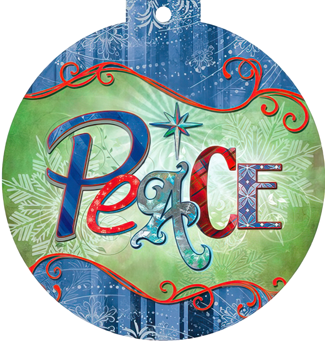 Front of a round holiday greeting card featuring the word "Peace" in ornate, multi-colored (blue, red, teal) typography. The background is a vibrant mix of green and blue with white snowflake patterns and red decorative scrollwork. A sparkling star design is visible above the 'a' in 'Peace'.