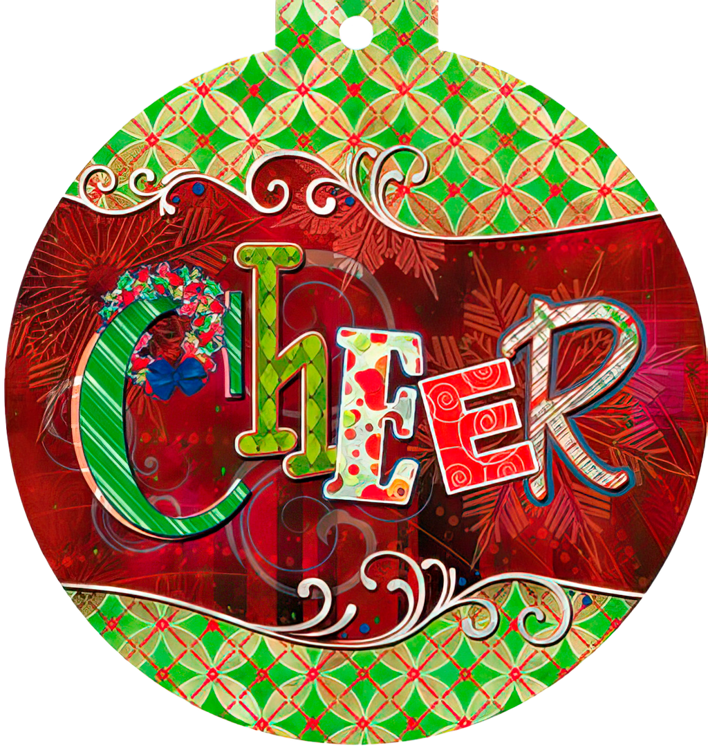 Front of a circular, ornament-shaped greeting card with the word 'CHEER' in playful, colorful letters against a deep red background with decorative swirls. The border features a green and red geometric pattern, perfect for holiday season wishes.