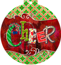 Front of a circular, ornament-shaped greeting card with the word 'CHEER' in playful, colorful letters against a deep red background with decorative swirls. The border features a green and red geometric pattern, perfect for holiday season wishes.