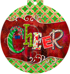Front of a circular, ornament-shaped greeting card with the word 'CHEER' in playful, colorful letters against a deep red background with decorative swirls. The border features a green and red geometric pattern, perfect for holiday season wishes.