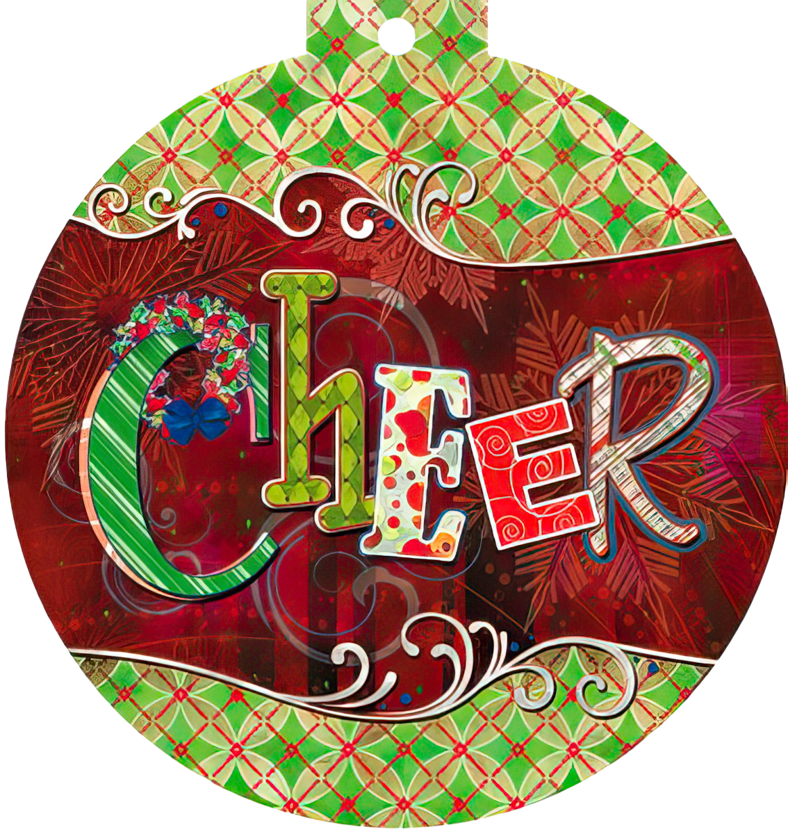 Front of a circular, ornament-shaped greeting card with the word 'CHEER' in playful, colorful letters against a deep red background with decorative swirls. The border features a green and red geometric pattern, perfect for holiday season wishes.