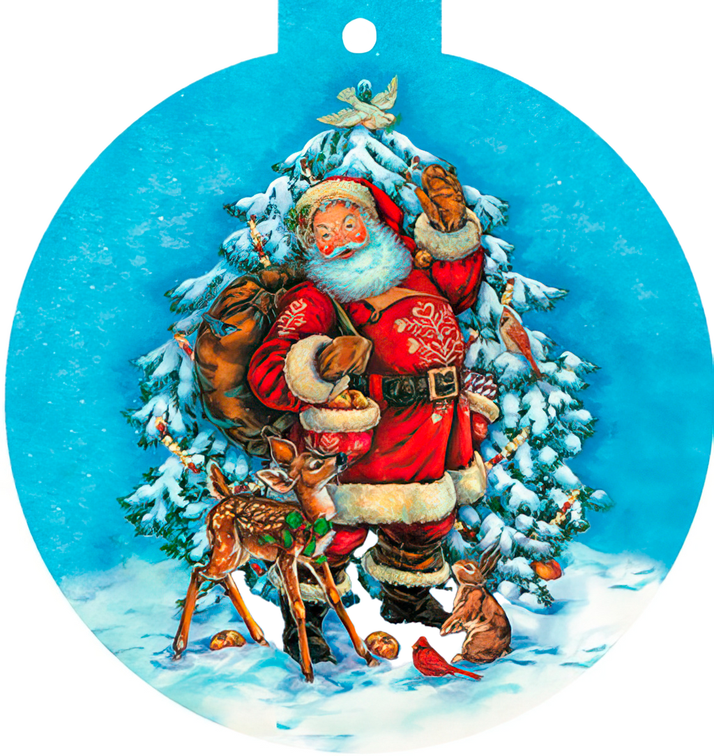 Classic Santa Claus greeting card with Rudolph the red-nosed reindeer, bunny, and cardinal in a snowy forest, perfect for holiday greetings.