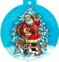 Classic Santa Claus greeting card with Rudolph the red-nosed reindeer, bunny, and cardinal in a snowy forest, perfect for holiday greetings.