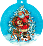Classic Santa Claus greeting card with Rudolph the red-nosed reindeer, bunny, and cardinal in a snowy forest, perfect for holiday greetings.