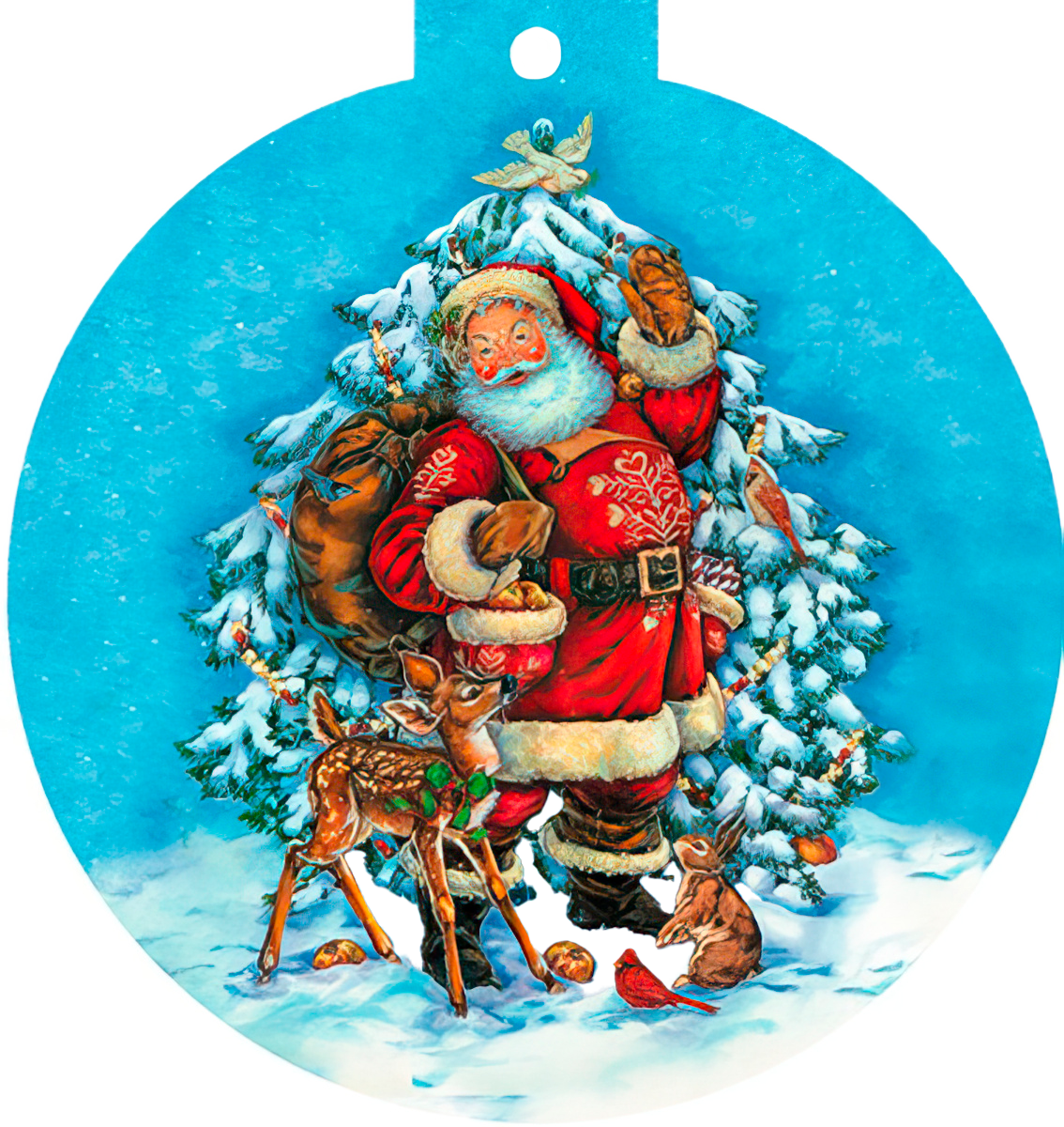 Classic Santa Claus greeting card with Rudolph the red-nosed reindeer, bunny, and cardinal in a snowy forest, perfect for holiday greetings.