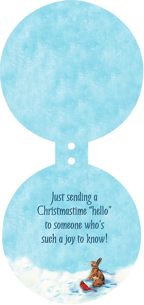 Back of festive blue greeting card with warm holiday message 'Just sending a Christmastime hello to someone who's such a joy to know!', featuring small bunny and cardinal.