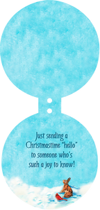 Back of festive blue greeting card with warm holiday message 'Just sending a Christmastime hello to someone who's such a joy to know!', featuring small bunny and cardinal.