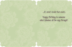 Inside of a charming birthday card with a light green floral pattern, revealing the message '...it's what's inside that counts. Happy Birthday to someone who's fabulous all the way through!'