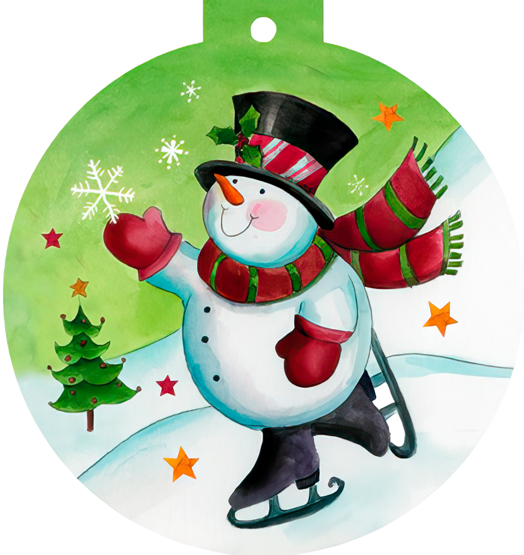 Cute snowman ice skating holding a snowflake on a green and white winter wonderland greeting card, festive holiday illustration for kids.