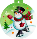 Cute snowman ice skating holding a snowflake on a green and white winter wonderland greeting card, festive holiday illustration for kids.