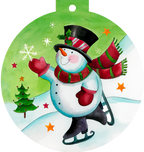 Cute snowman ice skating holding a snowflake on a green and white winter wonderland greeting card, festive holiday illustration for kids.