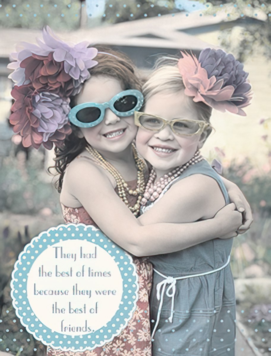 Charming birthday greeting card featuring two smiling young girls embracing, wearing playful sunglasses and flower headbands. The design conveys heartwarming friendship, ideal for celebrating a special gal pal's day.