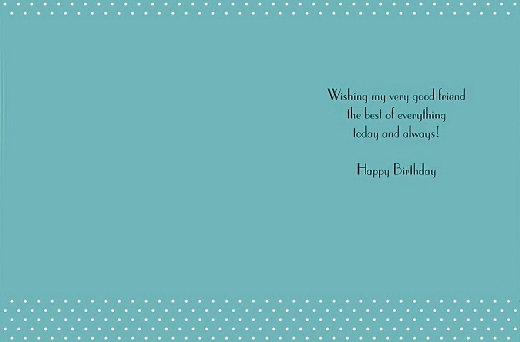 Interior of a light blue birthday card with white polka dot border, displaying a heartfelt message: 'Wishing my very good friend the best of everything today and always! Happy Birthday'. Perfect for sending loving sentiments.