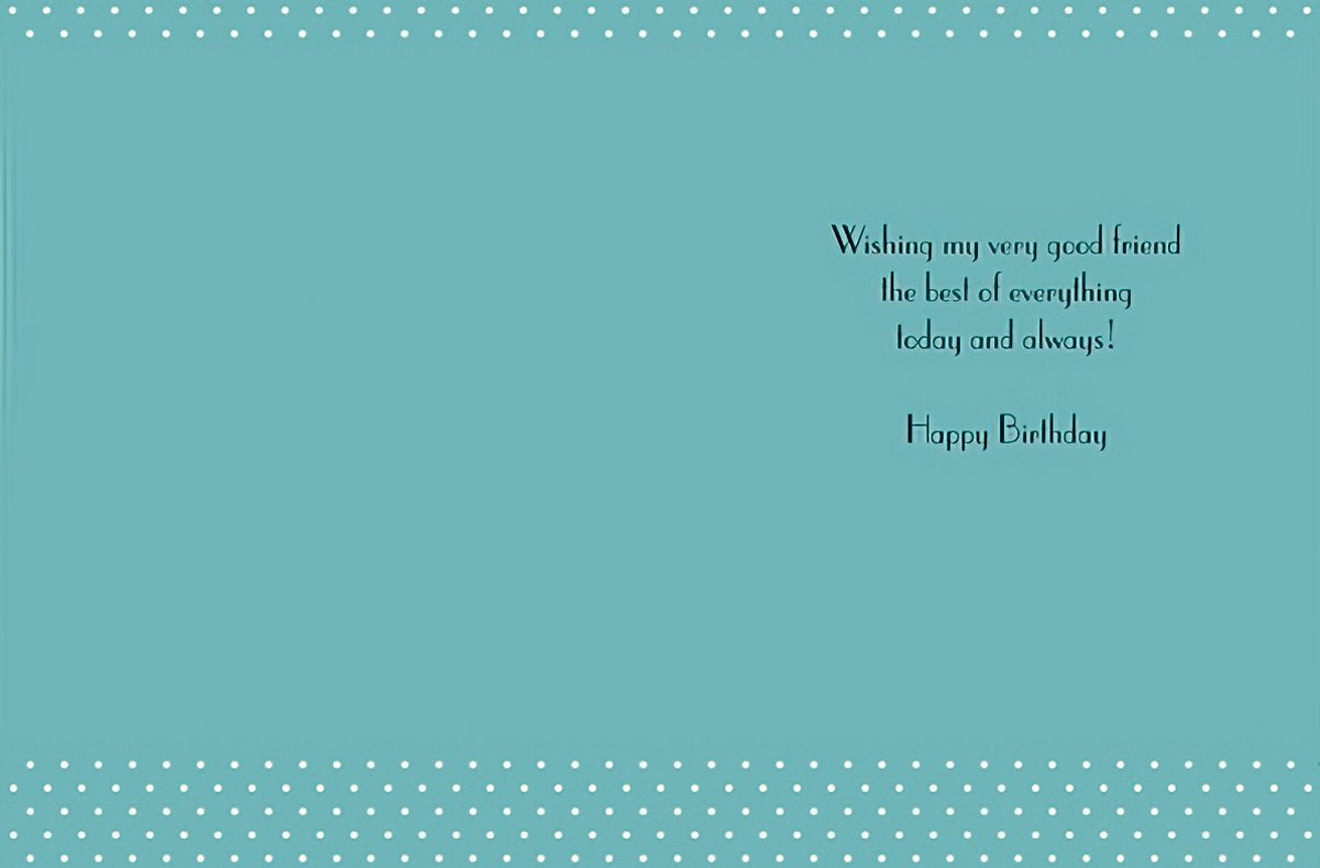 Interior of a light blue birthday card with white polka dot border, displaying a heartfelt message: 'Wishing my very good friend the best of everything today and always! Happy Birthday'. Perfect for sending loving sentiments.