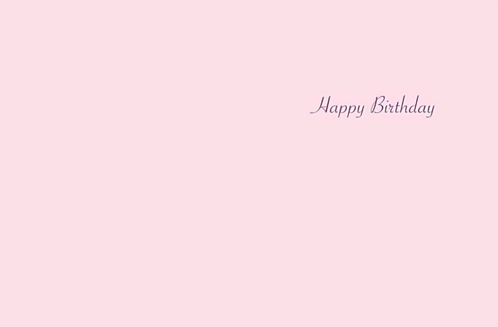 Inside of a cheerful birthday greeting card with a soft pink background and elegant purple script text that reads 'Happy Birthday', providing ample space for a heartfelt message.