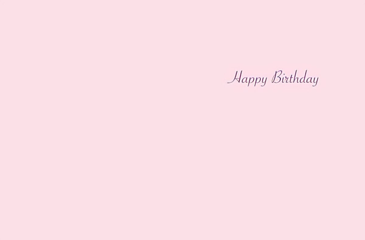 Inside of a cheerful birthday greeting card with a soft pink background and elegant purple script text that reads 'Happy Birthday', providing ample space for a heartfelt message.