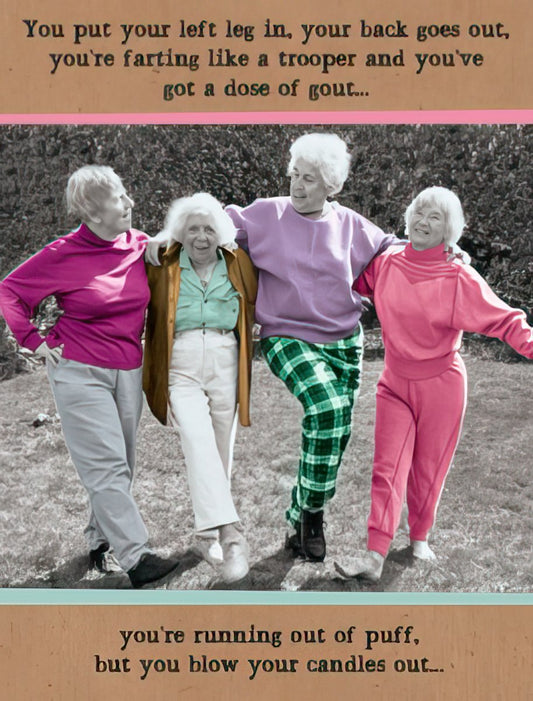 Front of a funny birthday card showing four elderly women, two in color and two in grayscale, with text about farting, gout, and aging humor.