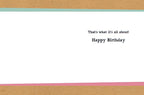 Inside view of a humorous greeting card revealing the simple message 'That's what it's all about! Happy Birthday' in black font.