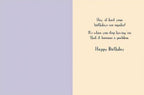 Inside of a humorous birthday card with text 'Hey, at least your birthdays are regular! It's when you stop having 'em that it becomes a problem. Happy Birthday', designed for friends.