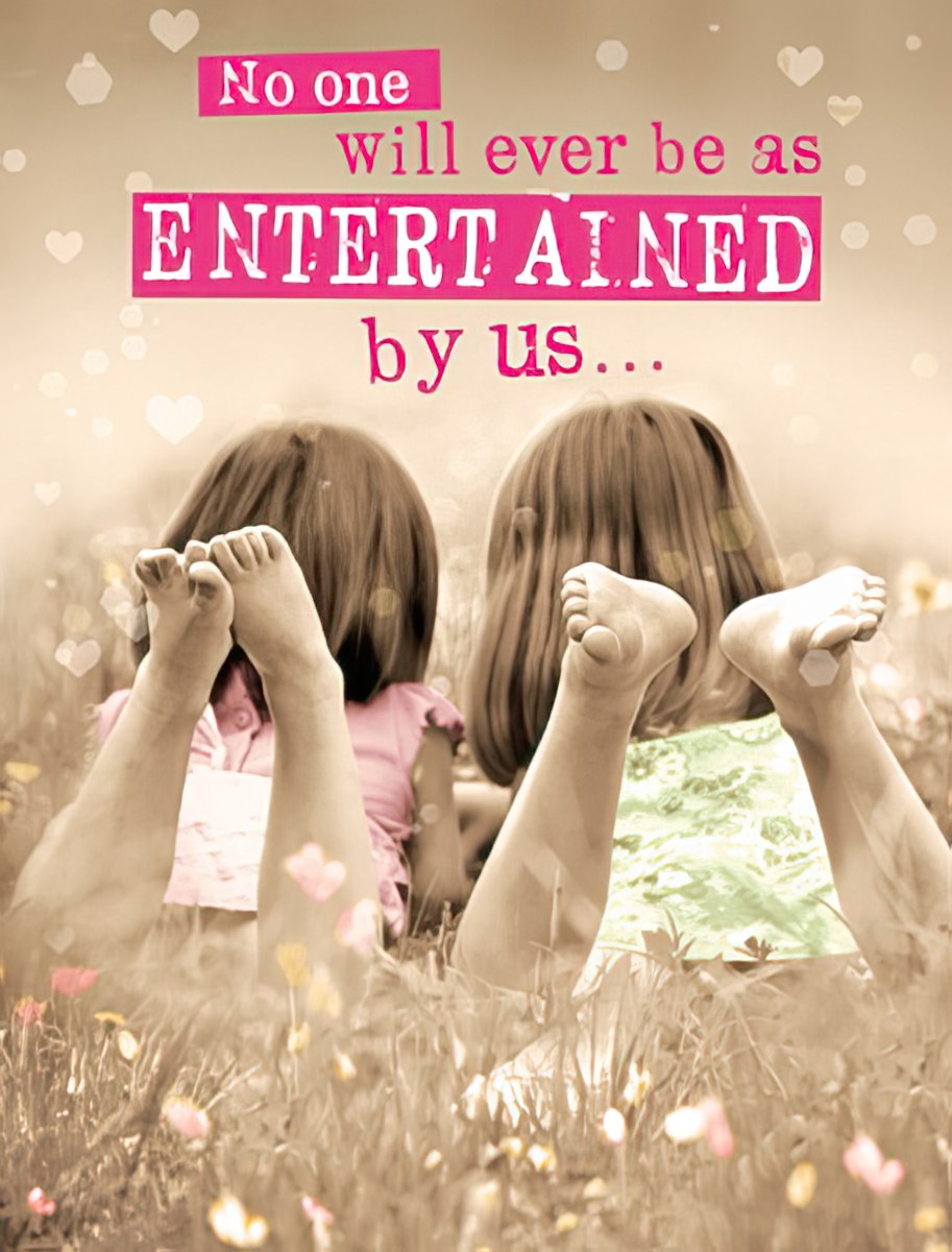 Greeting card featuring two young girls lying in a sunny field, with text 'No one will ever be as ENTERTAINED by us...'. Perfect for celebrating best pals and shared laughter.